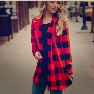Buffalo Plaid Cardigan w/ Suede Elbow Patch